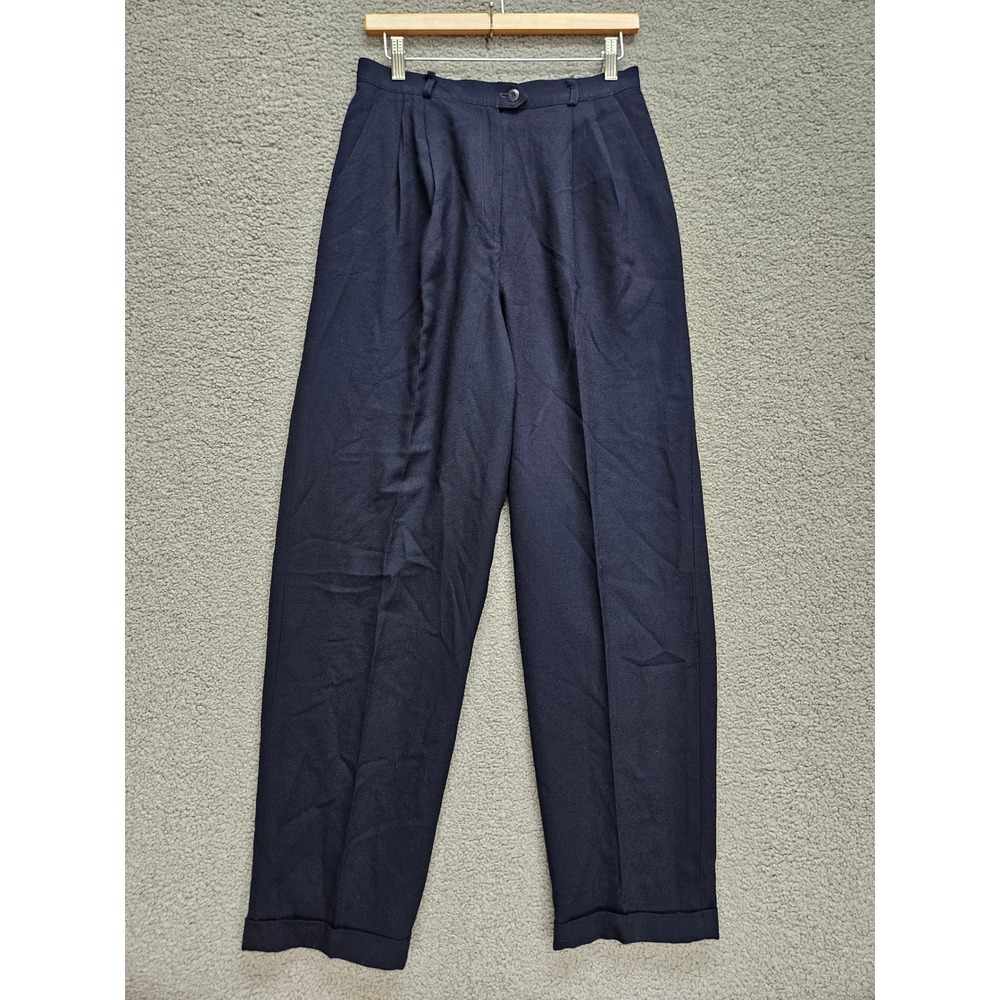 Lauren Ralph Lauren Trousers 10 Navy Pleated Wool Wide Leg Dark Academia Work